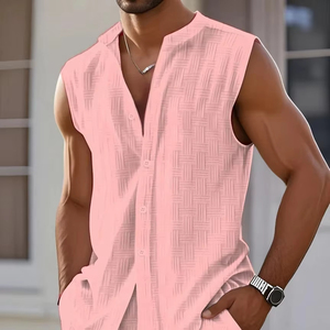 2025 verano nuevo caliente Europa y los Estados Unidos transfronterizo hombres chaleco camisa casual suelto sin mangas pantalones cortos traje de playa - Product Image 3