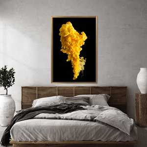 Impression sur toile abstraite moderne avec motif de fumée jaune |   Décoration d'intérieur élégante, encadrée de cadres dorés - Product Image 1