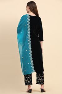 Trendmalls Ensemble de costume Salwar brodé en velours ethnique pour femme Pantalon Kurta avec Dupatta pour mariage toutes les saisons (G183-Morpeach) - Product Image 2