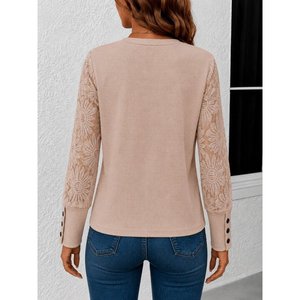 Women'<b>s</b> Long Sleeve Crew Neck Floral Sleeve Waffle <b>Blouse</b>, 37586 - Beige - Product Image 2