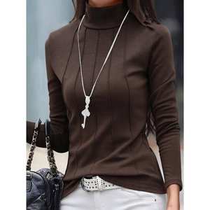 Blouse en modal côtelée à col bénitier et manches longues pour femme, 38105 - Marron - Product Image 1
