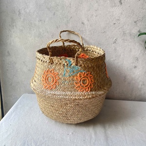 2025 Hottest Style Cute Colorful Hand Embroidery Natural Color Seagrass <b>Belly</b> <b>Basket</b> Seagrass Foldable Woven Storage <b>Basket</b> - Product Image 2