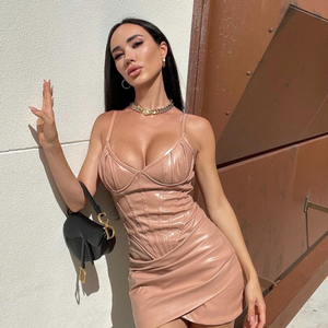 Robe Mini Bodycon Femme pour Soirée, Tissu Satiné Populaire, Bretelles Fines en PU, Taille Naturelle – Collection Automne - Product Image 5