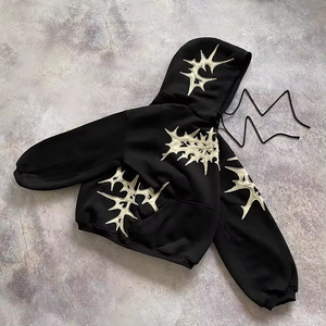 Sweat à capuche pour homme Stone Sun, délavé à l'acide, effet usé, à épaules tombantes, avec patch brodé, patchwork, coupe courte, sans cordons, coupé et cousu - Product Image 4