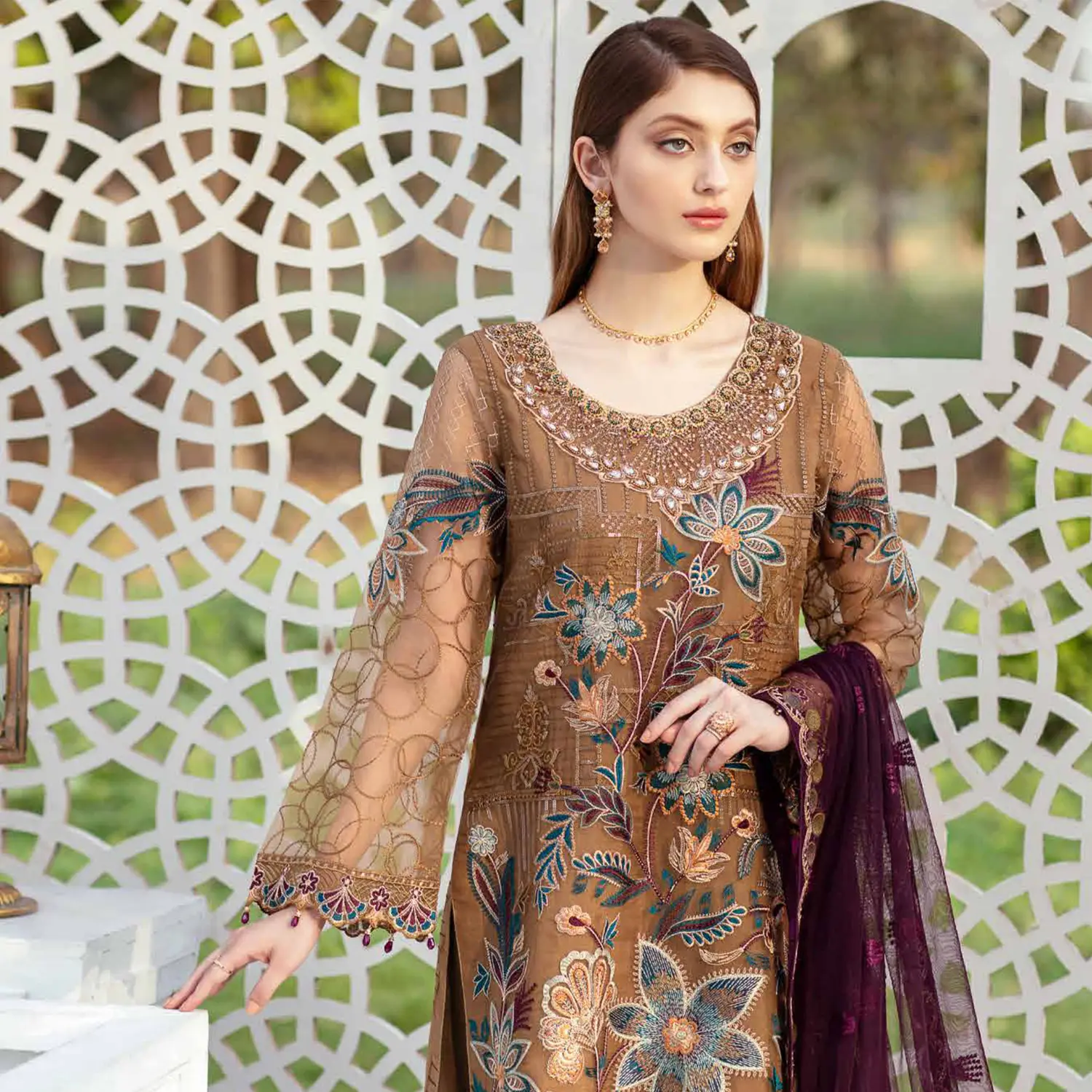 Ramsha Chiffon wedding dresses for women plus in Sea Golden Over Front Fully Embroidery Net Dupatta & Trouser