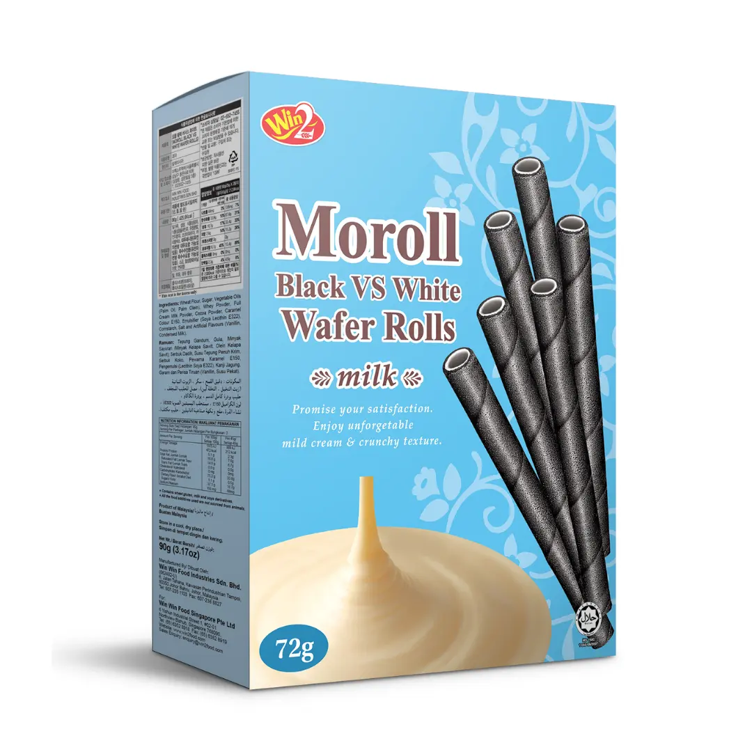 हल्के क्रीम और कुरकुरे बनावट Win2 बॉक्सिंग Moroll वेफर रोल के साथ दूध Fillings 72g थोक मलेशिया से निर्मित