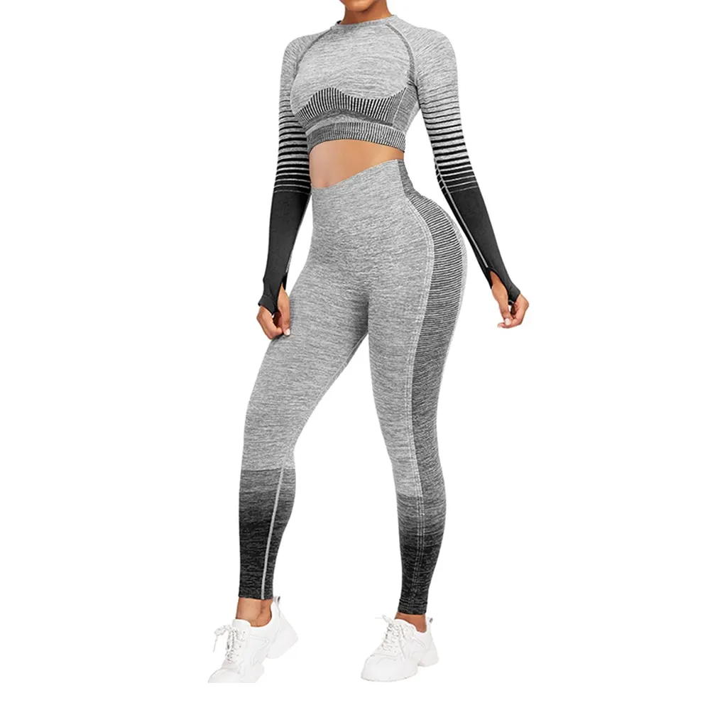 Kadınlar için egzersiz setleri 2 parça egzersiz kıyafetleri yüksek bel Yoga taytı uzun kollu mahsul Tops Activewear seti