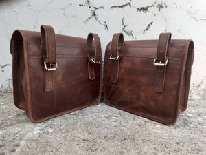 Sillín de cuero para motocicleta, alforjas marrones, alforjas, 2 bolsas laterales de búfalo - Product Image 2