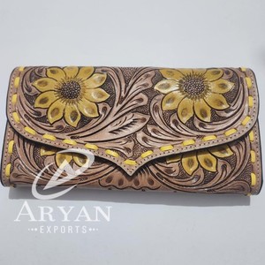 Hand <b>Tooled</b> Carving Wallet Clutch Phone Case New Design Sun Flower Yellow Color Wallet for Women Western <b>Leather</b> Wallets - Product Image 1