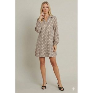 Vestido Mini Modal Estampado con Cuello y Manga Larga para Mujer de Jane's, Estilo Casual Elegante para Uso Diario y Nocturno - Product Image 1