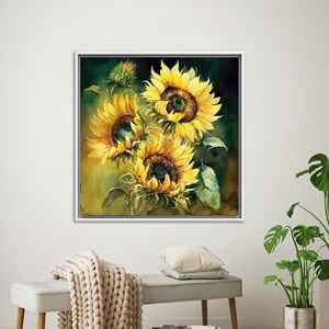 Impression de peinture de tournesol : Art mural sur toile à motifs floraux jaunes, TOILE ENCADRÉE BLANCHE - Product Image 1