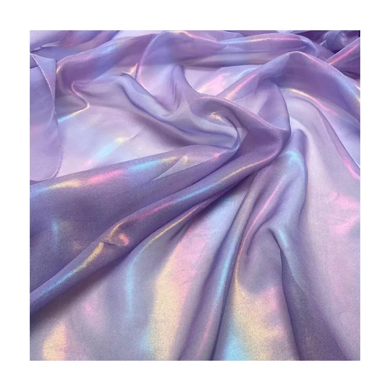 Kleurrijke Glanzende Regenboog Kleur Folie Bedrukt 100% Polyester Tule Chiffon Stof Satijn Zijde Roll Kant Stof Voor Chiffon Jurk