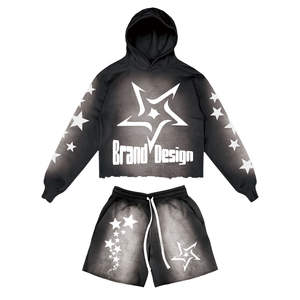 Ensembles pour hommes avec logo personnalisé Ensemble de sweat jogging deux pièces à ourlet brut délavé à l'acide Hoodies et shorts pour hommes Ensembles courts sur mesure - Product Image 1