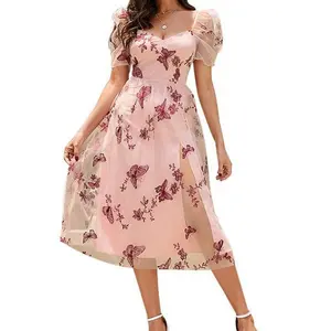 Fashionable Embroidered Floral Elegant Dress with Cinched Waist and Off-Shoulder Design - Netted Skirt - Long Formal Gown