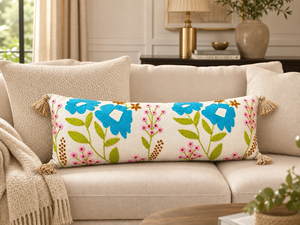Funda de Cojín Lumbar Bordada a Mano con Diseño Floral de Algodón, con Borlas en las Esquinas, Color Turquesa, para Decoración de Sofá - Product Image 4
