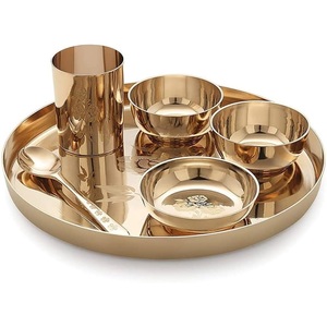 ของขวัญเวดิกอินเดียสําริดบริสุทธิ์ Kansa Thali ชุดสําหรับรับประทานอาหารเสิร์ฟบนโต๊ะอาหารอินเดียเวดิก kansa Thali จานชามช้อนแก้วราคาถูก - Product Image 1