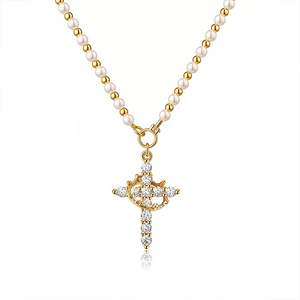 Collar Jeulia con Cruz y Corona de Perlas Doradas - Product Image 1