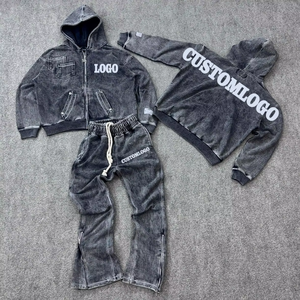 Ensemble de survêtement vintage streetwear pour homme, en coton 100% respirant, teint en pièce, avec patchwork et effet usé, ODM personnalisé - Product Image 1