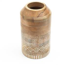 Vase rustique en bois sculpté, grand pot décoratif à motif tribal, style moderne pour étagère de salon, accent de décoration bohème neutre - Product Image 2