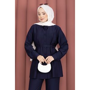 Conjunto de Dos Piezas de Túnica y Pantalones Azul Marino con Cinturón, Estilo Casual, Tejido de Punto, Corte Ajustado para la Temporada de Primavera - Product Image 2