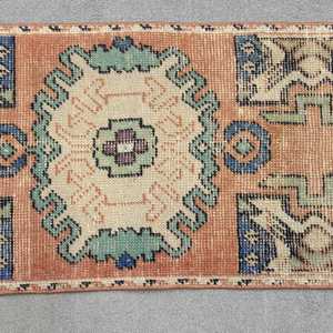 Vintage Rug, Small 1.5x3 ft Turkish Rug, <b>Brown</b> Blue Ikat <b>Wool</b> Rug - Product Image 3