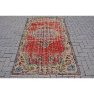 Tapis turc vintage grande surface 4.1 X 6.9ft classique rouge beige motif abstrait laine matériel 10mm Latex pour couloir chambre décor - Product Image 1