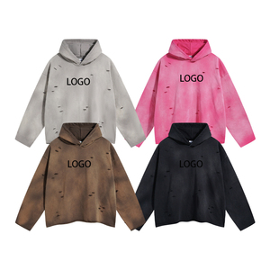 Sweat à capuche personnalisé poids lourd pour hommes lavé à l'acide haute qualité coton éponge 3D brodé goutte épaule double fermeture éclair Vintage hiver - Product Image 1