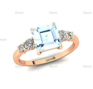 Solid 18k oro giallo anello solitario pavimentato <span class=keywords><strong>gioielli</strong></span> <span class=keywords><strong>con</strong></span> diamante taglio principessa naturale <span class=keywords><strong>acquamarina</strong></span> gemma e 0.32 reale cts diamanti - Product Image 4