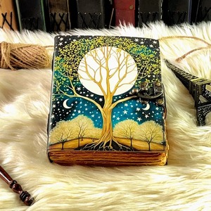 Diario de cuero Grimoire grande, libro de hechizos de 400 páginas con encuadernación en espiral, árbol impreso, vida y sombras de libros, regalos celestiales - Product Image 1