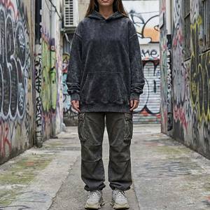 High Quality Polyester/Cotton French Terry Oil Wash Winter Hoodie Women Distressed Charcoal Streetwear Blank 3D Embroidery - Product Image 1