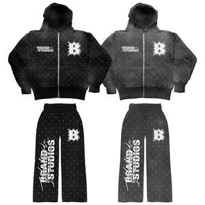 Conjunto de Sudadera con Capucha y Pantalones Deportivos de Algodón 100% para Hombre, Estilo Vintage, Corte Holgado, Lavado Ácido, con Pedrería - Product Image 1