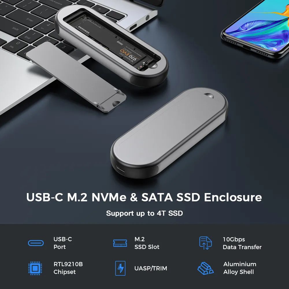 간편한 휴대 휴대용 SSD 알루미늄 합금 쉘 10 Gbps 데이터 전송 USB C NVMe 및 SATA M.2 4TB 외장형 하드 드라이브 SSD for iPhone