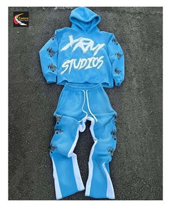 Chándal con cremallera desgastado lavado con ácido de dos piezas, chándal con capucha de felpa con estampado sólido desteñido al sol, conjuntos de pantalones de chándal - Product Image 4