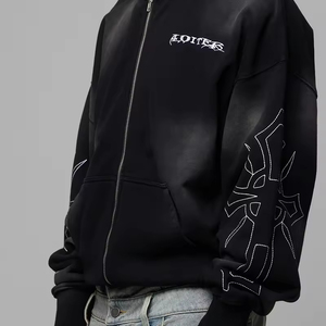 Sweat à capuche brodé poids lourd en éponge française avec logo personnalisé de qualité supérieure Acid Wash Sun Faded Zip up Vintage Oversize Hoody pour hommes - Product Image 5