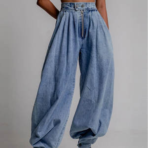 WCross-Border celana Denim musim panas baru Barat wanita-ritsleting pinggang tinggi bermanset, Retro kasual longgar, grosir - Product Image 2