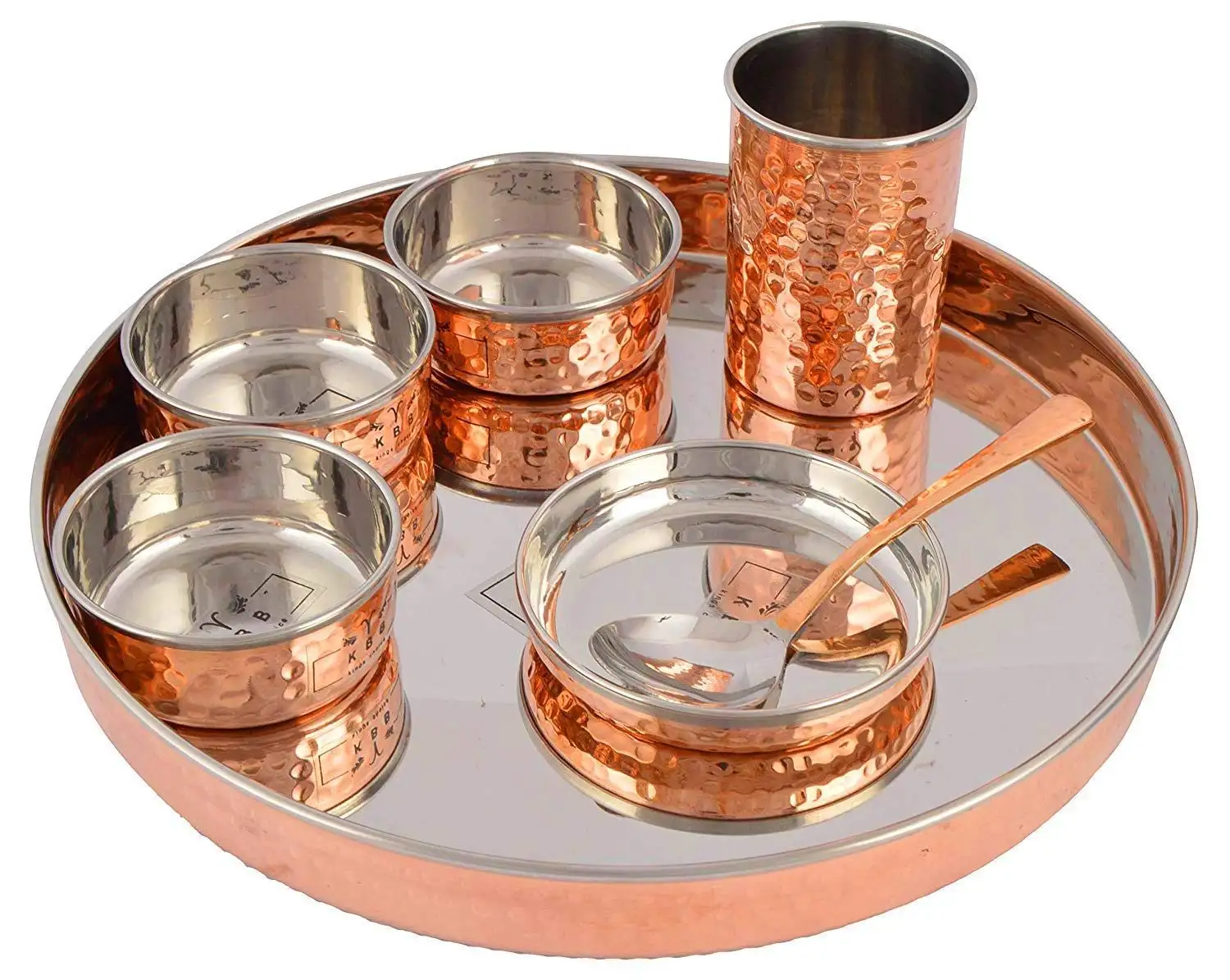 Juego de Thali de cobre antiguo con placa de cobre artesanal de 7 piezas PARA CENA Thali real decorativo para Hotel acabado en plata brillante