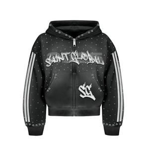 Nouveau Streatwear à la mode personnalisé 100% coton éponge française lavé à l'acide surdimensionné unisexe sweat à capuche zippé avec Logo imprimé personnalisé - Product Image 6