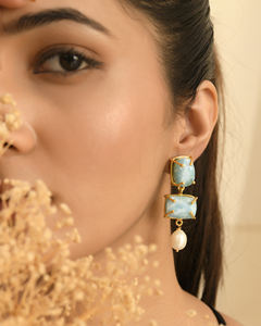 Pendientes colgantes chapados en oro de moda Natual, pendientes de tuerca a la moda, gota de perla, Larimar, piedra preciosa, ajuste de bisel de latón para compromiso - Product Image 3