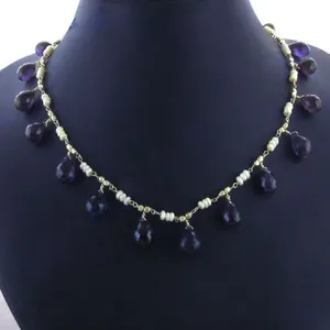 Collier pour femme en perles d'améthyste et de perles d'eau douce de style bohème vintage avec chaîne plaquée or, style religieux pour une fête ou un cadeau - Product Image 2