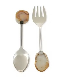 Ensemble de service à salade en acier inoxydable de qualité supérieure poignée naturelle ensemble de cuillères à salade décoratives vaisselle ustensiles outils à salade - Product Image 1