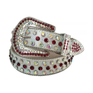 Ceinture en métal chromatique et strass rouge avec sangle pailletée grise - Product Image 1
