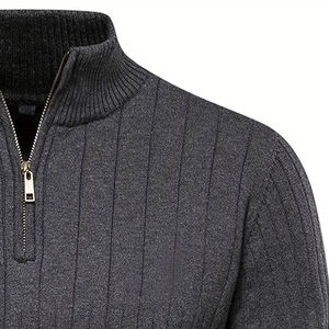 Pull en tricot pour homme à col montant et fermeture éclair, couleur unie, pour l'automne - Product Image 4