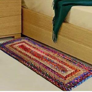 Ensemble de tapis en jute naturel fait à la main rectangulaire tressé avec forme de motif abstrait cercle intérieur bleu pour tapis de salon chambre à coucher - Product Image 1