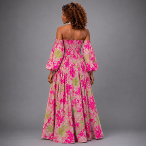 Abito lungo a vita impero con stampa floreale rosa-verde Ankara - Product Image 2