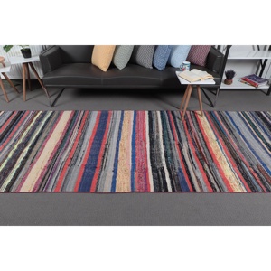 3.9x11.1 ft Vintage Rug, Turkish <b>Runner</b> Rug, Blue <b>Red</b> Abstract Wool Rug - Product Image 3