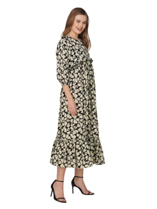 Sati Factory femmes été Maxi robe à manches longues col en v naturel à plusieurs niveaux Flare Design noir gris Paisley motif imprimé fleuri - Product Image 5