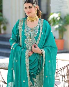 DERNIÈRE SÉQUENCE DE CODE DE BRODERIE EN SOIE CHINON AVEC MIROIR TRAVAIL HAUT BAS AVEC DUPATTA PARTY WEAR PRIX DE GROS VÊTEMENT ETHNIQUE - Product Image 4