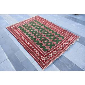 Tapis turc de grande surface classique vert rouge Patchwork Design 4.4x 6.2ft Kilim abstrait Rectangle couloir 10mm laine Latex tapis de chambre - Product Image 2