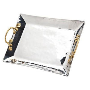 Plateau de service rectangulaire de luxe en acier inoxydable, artisanat métallique décoratif pour mariage, avec poignées en laiton doré en forme de feuille, fait main, décoration d'intérieur - Product Image 4