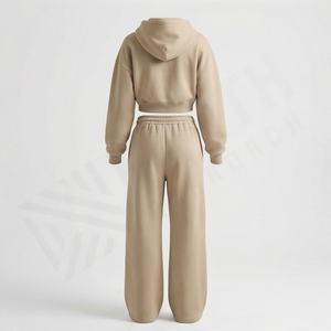 Conjunto Deportivo de Dos Piezas con Cremallera y Logotipo Personalizado al por Mayor, Pantalones Deportivos de Pierna Ancha, Top Corto con Capucha, Traje Deportivo para Mujer, Ropa de Gimnasio - Product Image 2